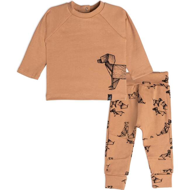 Organic Cotton Printed Dogs Top And Pant Set, Brown
