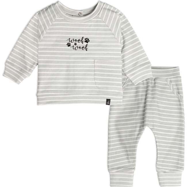 Organic Cotton Striped Top And Pant Set, Green-Grey