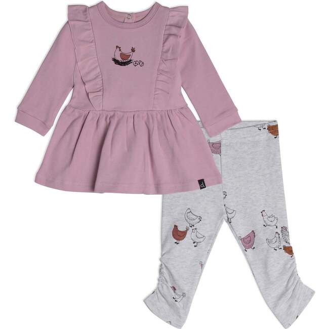Organic Cotton Dress And Leggings Set Hen Print, Dusty Purple And Beige - Mixed Apparel Set - 1