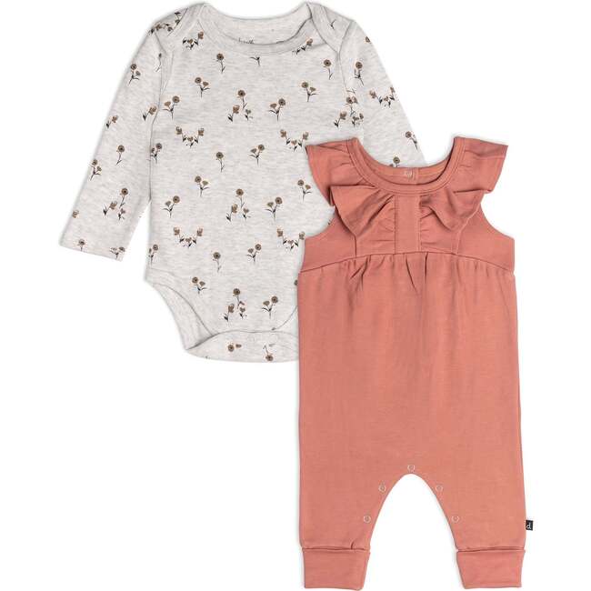 Organic Cotton Bodysuit And Overall Set, Printed Small Flowers