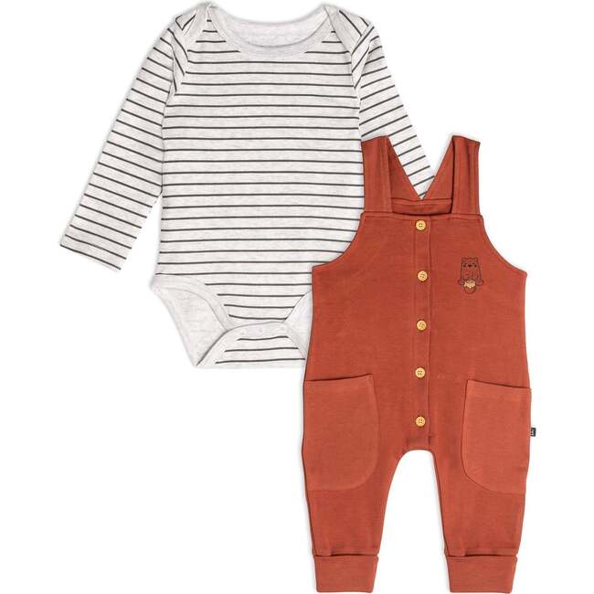 Organic Cotton Bodysuit And Overall Set, Striped Rust And Heather Beige