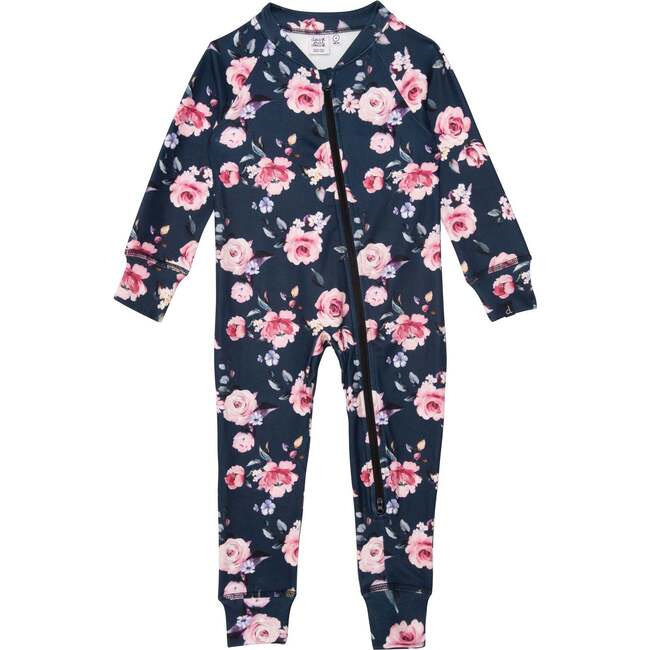 One Piece Thermal Underwear With Printed Roses, Navy