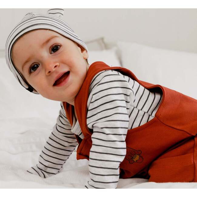 Organic Cotton Bodysuit And Overall Set, Striped Rust And Heather Beige