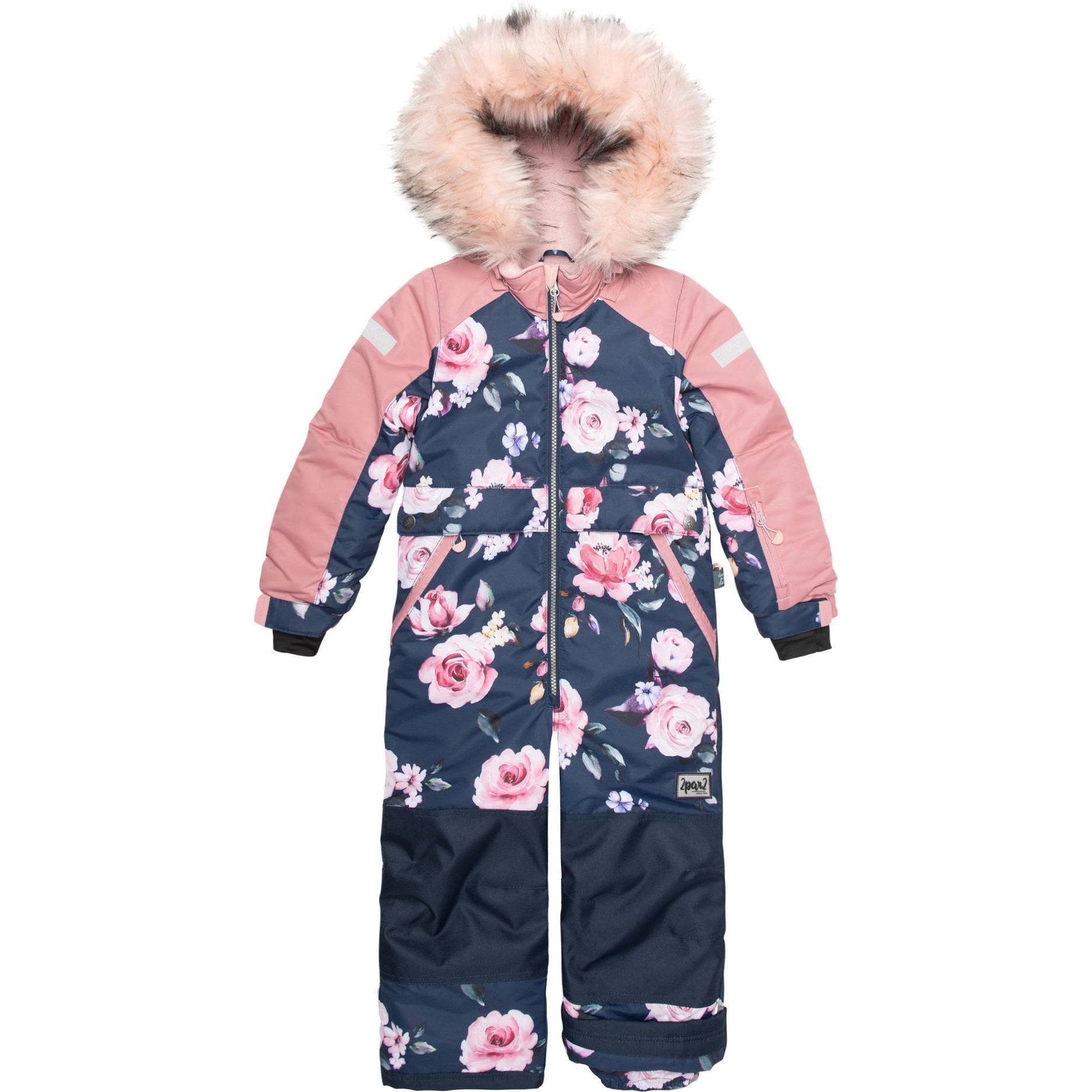 One Piece Snowsuit With Fake Fur, Printed Roses - Snowsuits - 1