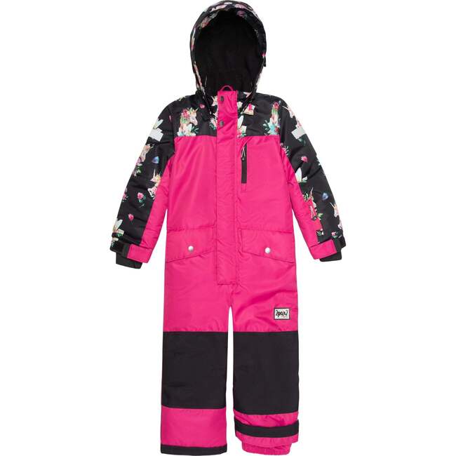 One Piece Snowsuit Printed Unicorns, Black And Fuchsia