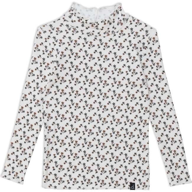 Mock Neck Long Sleeve Rib Top, Off White With Printed Little Brown Flowers - T-Shirts - 1