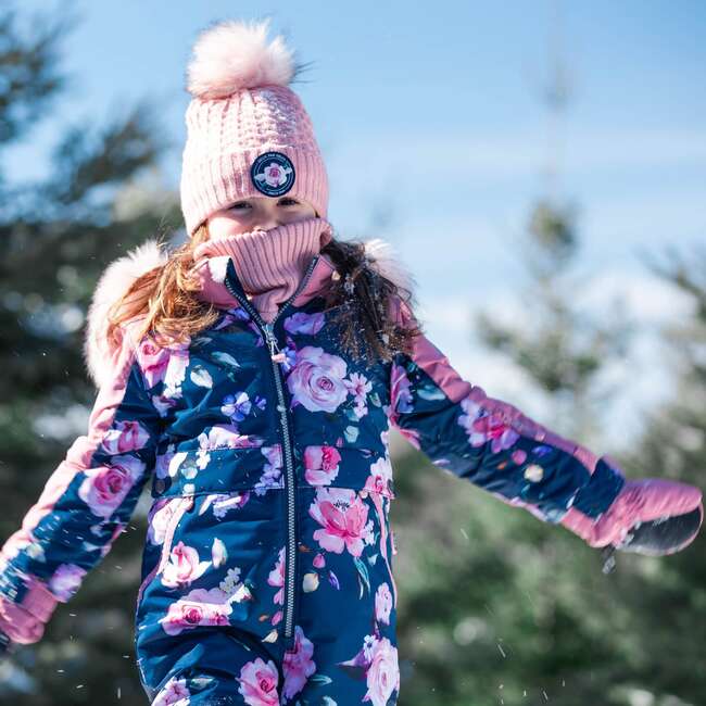 One Piece Snowsuit With Fake Fur, Printed Roses