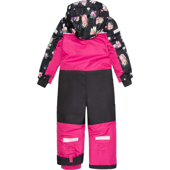 One Piece Snowsuit Printed Unicorns, Black And Fuchsia