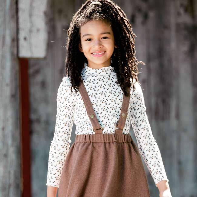 Mock Neck Long Sleeve Rib Top, Off White With Printed Little Brown Flowers - T-Shirts - 2