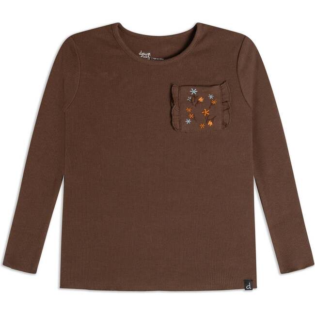 Long Sleeve Rib Top With Pocket, Brown - T-Shirts - 1