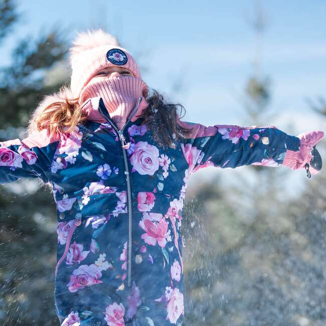 One Piece Snowsuit With Fake Fur, Printed Roses - Snowsuits - 3