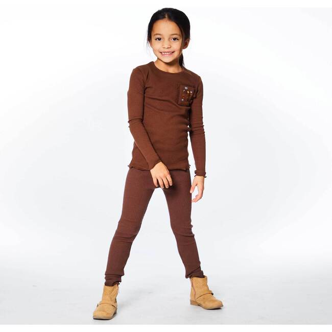 Long Sleeve Rib Top With Pocket, Brown - T-Shirts - 2