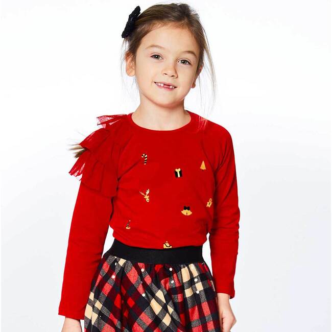 Long Sleeve Raglan Top With Frill, Red