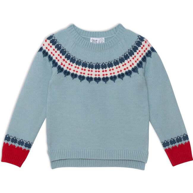 Long Sleeve Knitted Sweater, Light Blue And Red