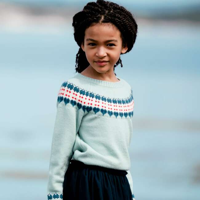 Long Sleeve Knitted Sweater, Light Blue And Red - Sweaters - 3