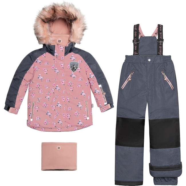 Mini Roses Two Piece Snowsuit With Printed Jacket, Dusty Rose - Snowsuits - 1