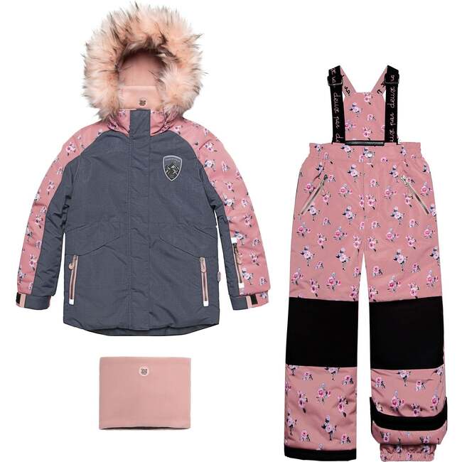 Mini Roses Two Piece Snowsuit With Printed Pant, Dusty Rose
