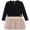 Long Sleeve Dress With Mesh Skirt, Black And Beige - Dresses - 1 - thumbnail
