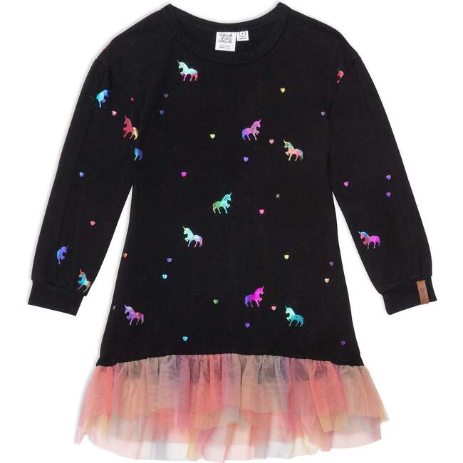 Long Sleeve Dress With Mesh Frill, Black With Foil Unicorns Print