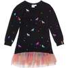 Long Sleeve Dress With Mesh Frill, Black With Foil Unicorns Print - Dresses - 1 - thumbnail