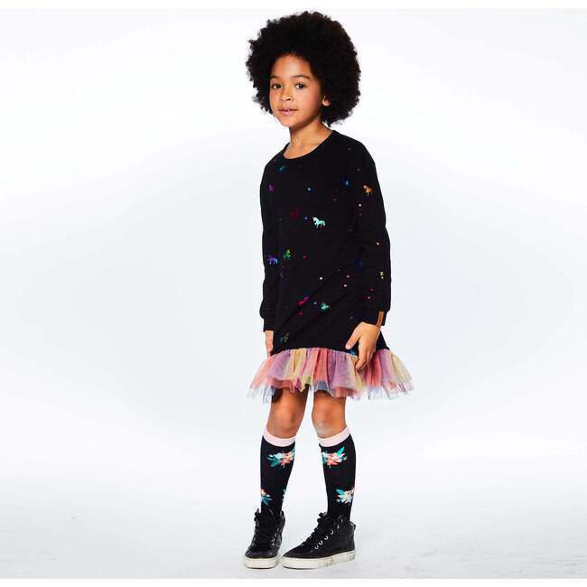 Long Sleeve Dress With Mesh Frill, Black With Foil Unicorns Print