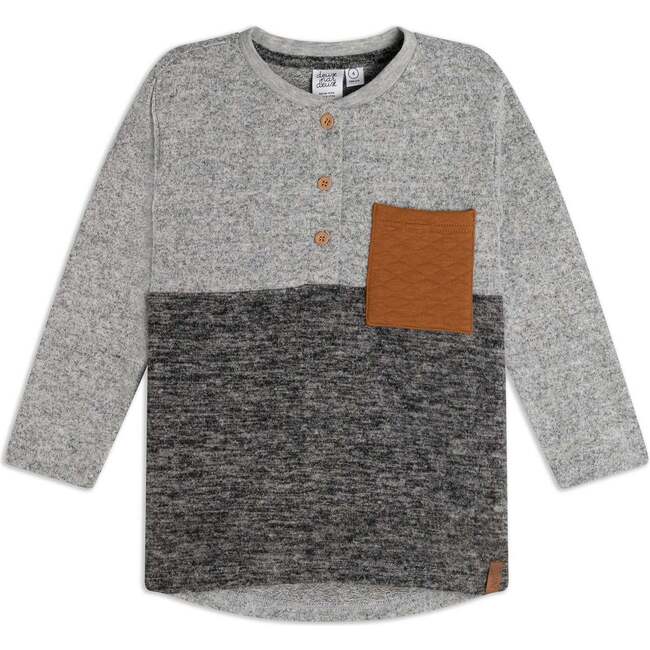 Long Sleeve Brushed Jersey Top With Pocket, Light Heather Gray - Tees - 1