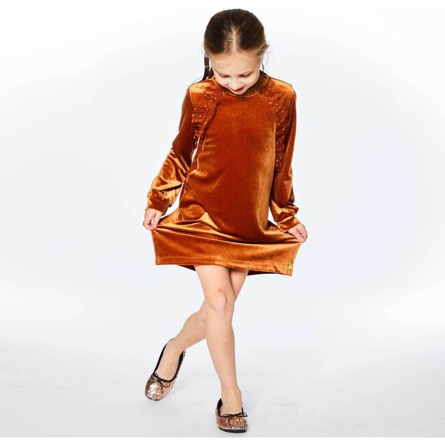 Long Sleeve Dress With Frill, Ocher - Dresses - 3