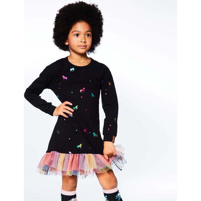 Long Sleeve Dress With Mesh Frill, Black With Foil Unicorns Print - Dresses - 4