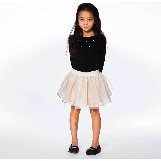 Long Sleeve Dress With Mesh Skirt, Black And Beige - Dresses - 6