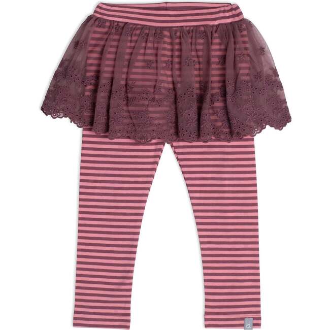 Legging With Lace Skirt, Burgundy And Pink Stripe - Leggings - 1
