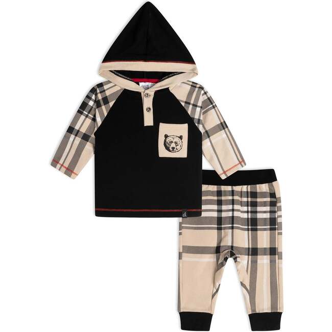 Hooded Top And Pant Set, Black And Beige Plaid