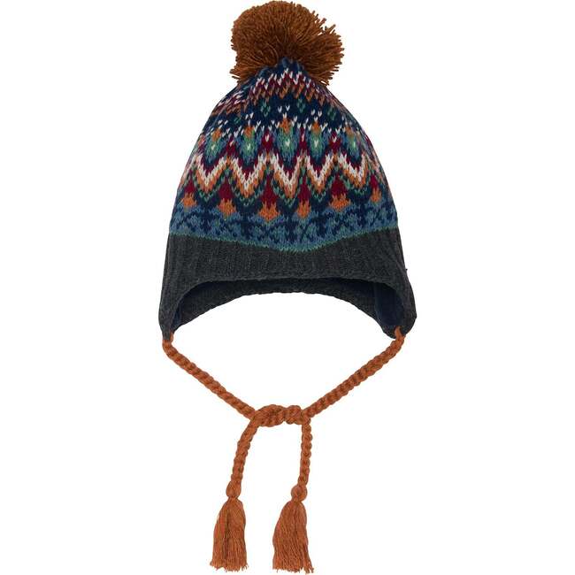 Jacquard Earflap Knit Hat, Grey Blue And Brown
