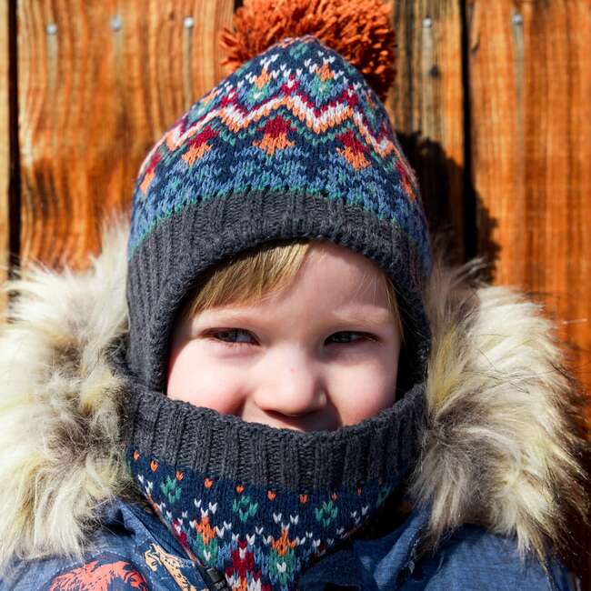 Jacquard Earflap Knit Hat, Grey Blue And Brown