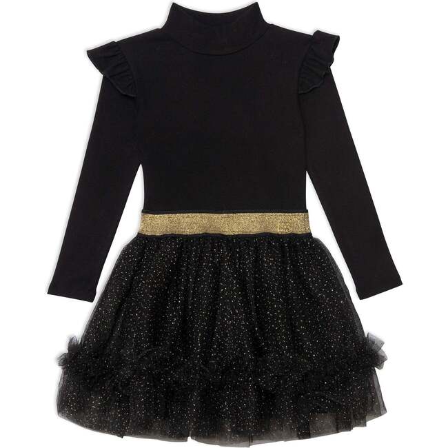 Dress With Frill, Black With Gold Sparkle