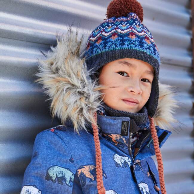 Jacquard Earflap Knit Hat, Grey Blue And Brown - Hats - 3