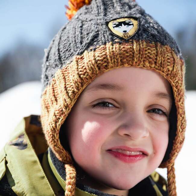 Earflap Knit Hat, Grey And Yellow