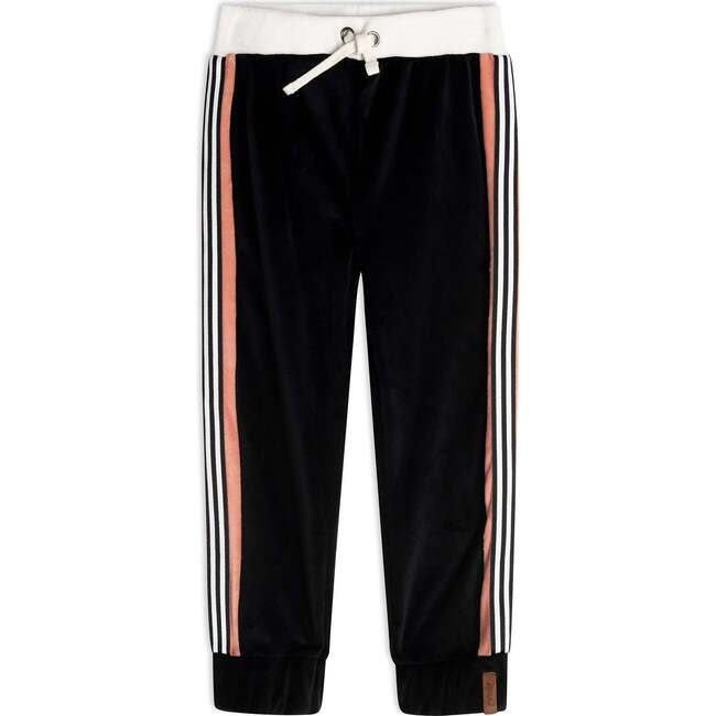 Cut And Sew Velvet Pants, Black With Pink Stripes - Sweatpants - 1