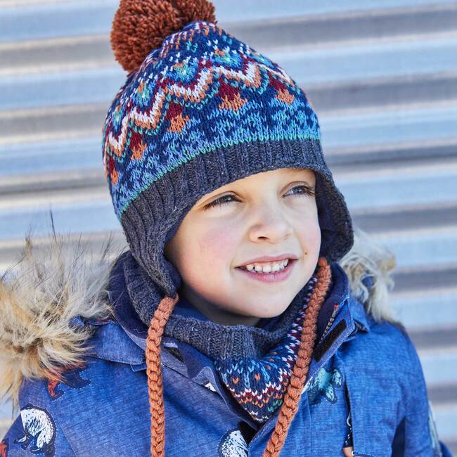 Jacquard Earflap Knit Hat, Grey Blue And Brown - Hats - 4