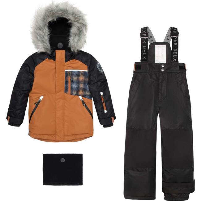 Checked Print Two Piece Snowsuit, Brown And Black