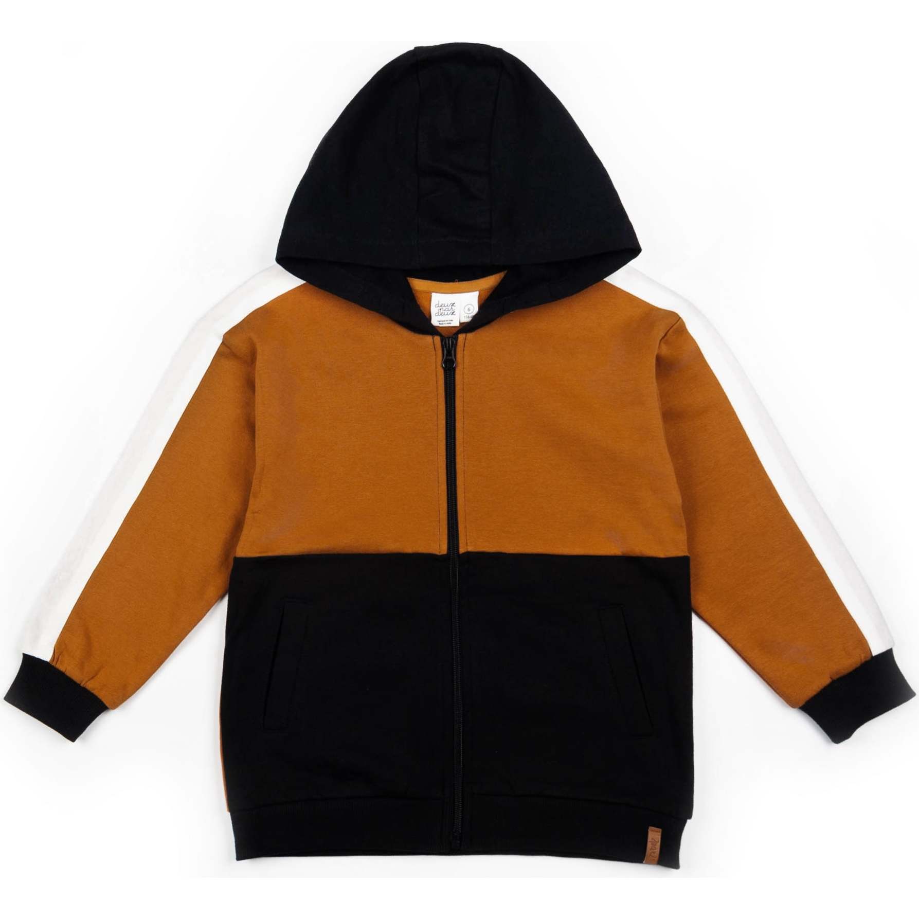 Hooded Fleece Cardigan With Zipper, Brown White Navy Blue - Sweatshirts - 1