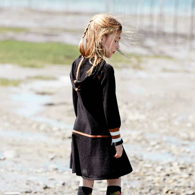 Hooded Knitted Dress, Black With Stripes - Dresses - 3