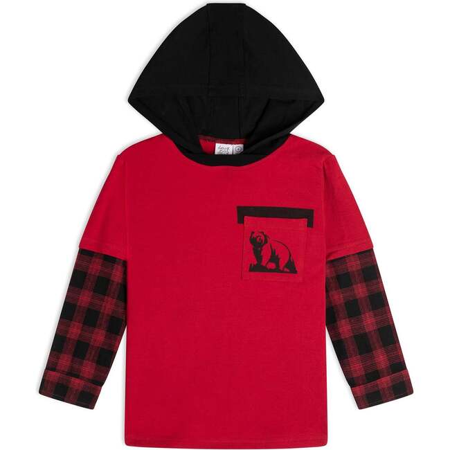 Hooded Double Sleeve Top, Red Black And Red And Black Plaid