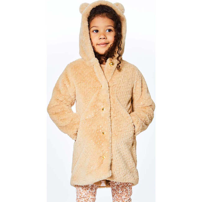 Hooded Fake Fur Coat, Beige - Jackets - 3