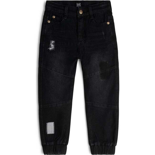 French Terry Denim Jogger, Black Textured - Pants - 1