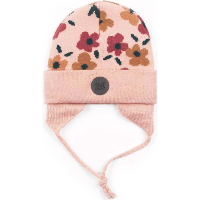 Baby Earflap Winter Hat With Flowers, Pink - Hats - 1