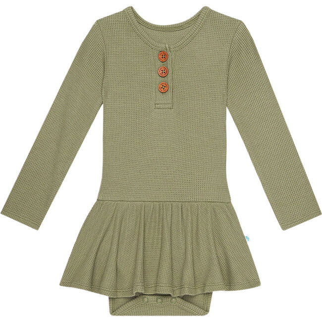 Olive Waffle Long Sleeve Henley Twirl Skirt Bodysuit - Bodysuits - 1