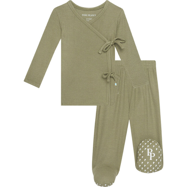 Olive Waffle Tie Front Kimono - Pajamas - 1