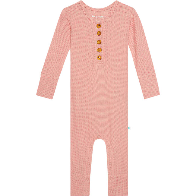Fall Rose Waffle Long Sleeve Ruffled Henley Romper