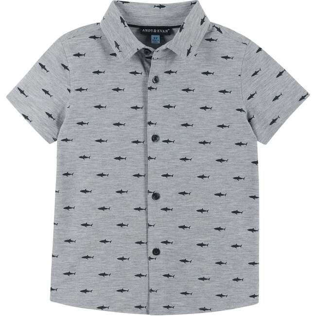 Boys Knit Shark Button Down Shirt, Grey