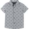 Boys Knit Shark Button Down Shirt, Grey - Shirts - 1 - thumbnail